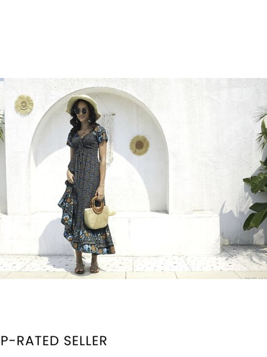 Boho Maxi Dress Flowy Tiered Smocked Bust Casual Summer Beach Party - Picture 6 of 7